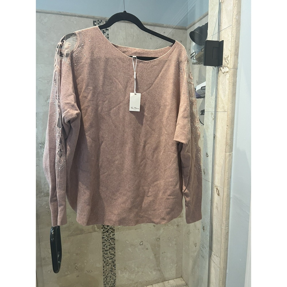 Vila Milano Pink Studded Mesh Sleeve Sweater NWT L Heather Salmon 12636-701-1